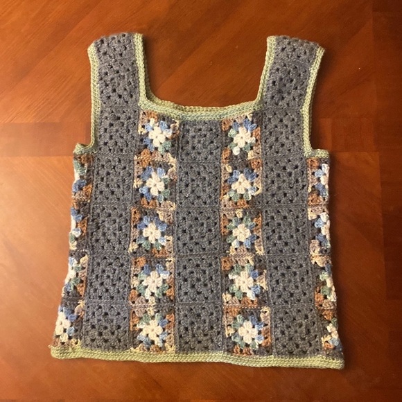 Hand Crochet Hippie Granny Square Earth Tones Sweater Top Vest Patchwork - Picture 2 of 6